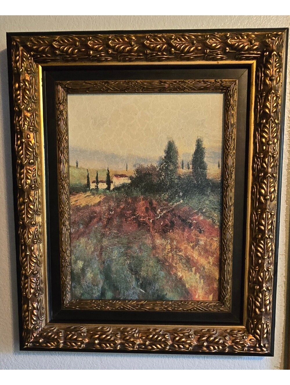 Vintage Impressionist Style Tuscany Landscape Painting Ornate Gold and Black